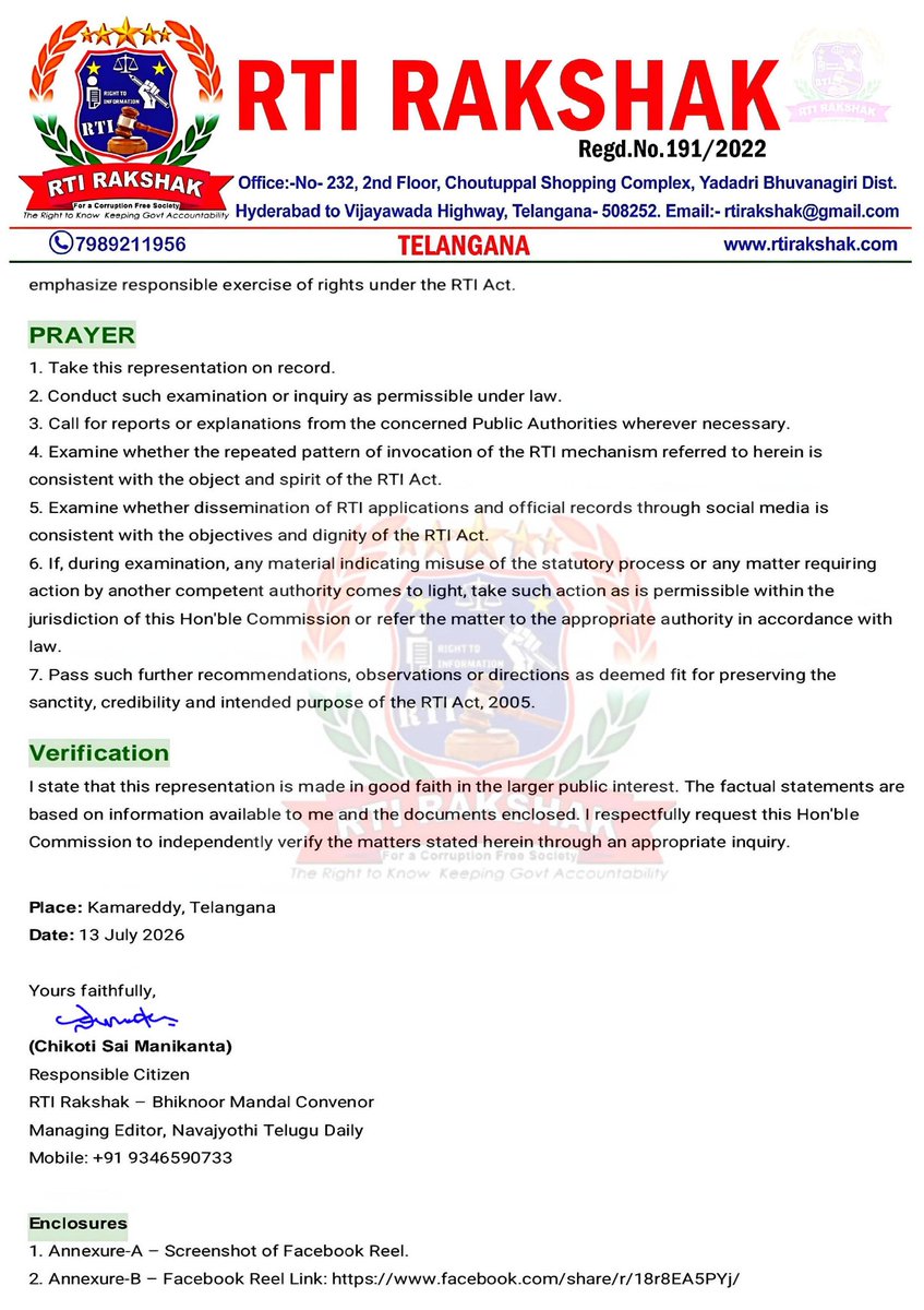 smktweetz's tweet photo. Today, I have officially emailed and submitted a representation to the Hon'ble Telangana State Information Commission requesting an inquiry into the apparent misuse of the Right to Information Act, 2005.

As a responsible citizen, I believe matters concerning the integrity of the RTI framework should remain transparent. Therefore, I am also making my representation public by sharing it here.

Attached below is the complete representation submitted to the Commission.

Transparency must always serve the public interest.

#RightToInformation
#RTI
#Transparency
#Accountability
#GoodGovernance
#PublicInterest
#Telangana
#TSIC
#InformationCommission
#Governance
#RuleOfLaw
#CitizenVoice

@TelanganaCMO @DoPTGoI @PMOIndia @DARPG_GoI @rtiindia @Collector_KMR