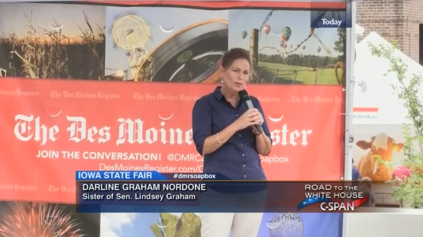 greggiroux's tweet photo. Darline Graham Nordone introduced her brother at the Iowa State Fair in August 2015, when he was seeking the 2016 Republican presidential nomination.
"We got the wrong Graham running," Sen. Graham said.
https://t.co/GbVbPyWwNv #scsen https://t.co/EB77riwkvt
