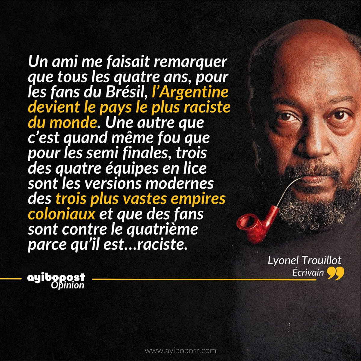 Ayibopost's tweet photo. « Réalité du moment : Malgré les jérémiades et dénonciations de l’extrême-droite raciste, ce sont des enfants du monde entier qui jouent dans les équipes européennes. C’est un réservoir beaucoup plus riche que celui de la Côte d’Ivoire ou de l’Irak où ne se retrouvent pas les petits-fils et fils de milliers de personnes ayant dû fuir leur pays d’origine pour cause de misère ou de dictature. Les équipes nationales européennes, c’est le monde. Et c’est tant mieux pour elles, » écrit Lyonel Trouillot dans cette nouvelle tribune sur AyiboPost.

Lire Plus : https://t.co/2XhlTMyTlN
