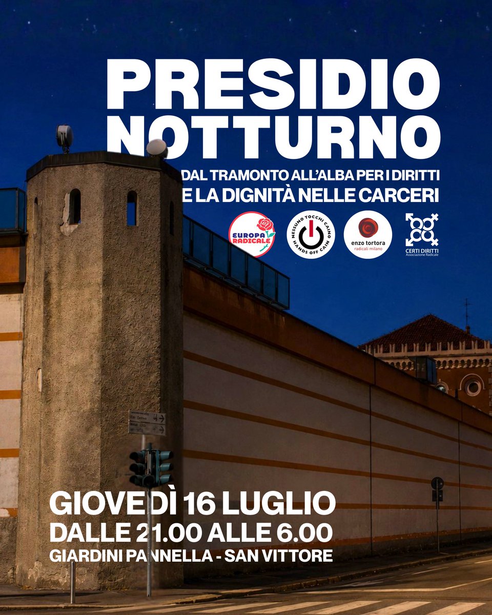CertiDiritti's tweet photo. Nella notte tra il 16 e il 17 luglio saremo davanti a San Vittore. Non è un gesto simbolico: è un presidio per chi vive sovraffollamento, caldo estremo e diritti negati. 
Le carceri non sono un altrove: sono lo specchio della qualità della nostra democrazia. https://t.co/Td25xhXzDu