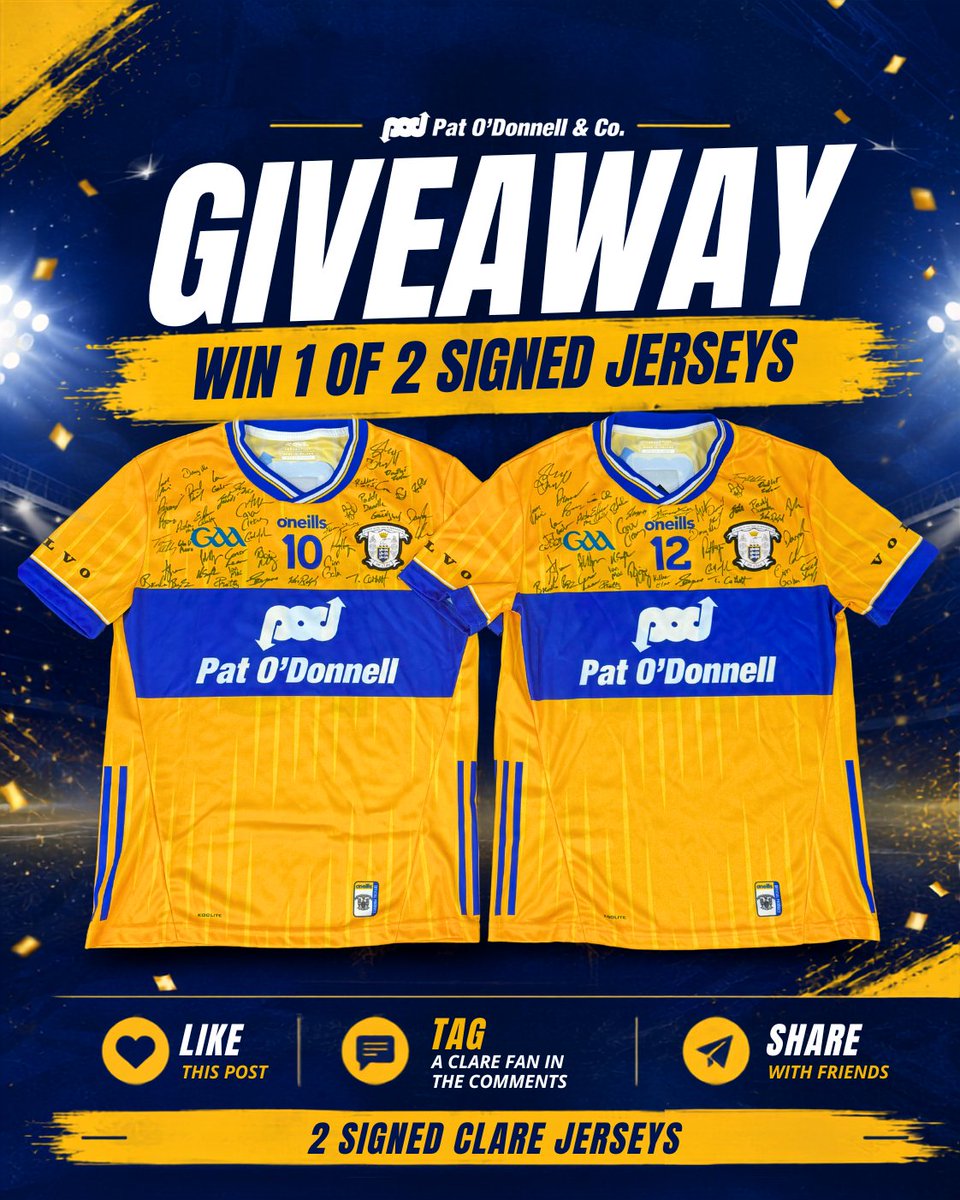 PODMachines's tweet photo. 🏆 GIVEAWAY 🏆

2 Clare jerseys signed by the squad, to mark Shane O'Donnell's retirement. A Banner legend. 💙💛

To enter:
Follow @PODMachines ✅
Retweet 🔁
Tag a Clare fan 👤

Winners drawn 24/07. We'll only ever contact winners from this account.

Up the Banner! 🍀 https://t.co/4stoeBaWWe