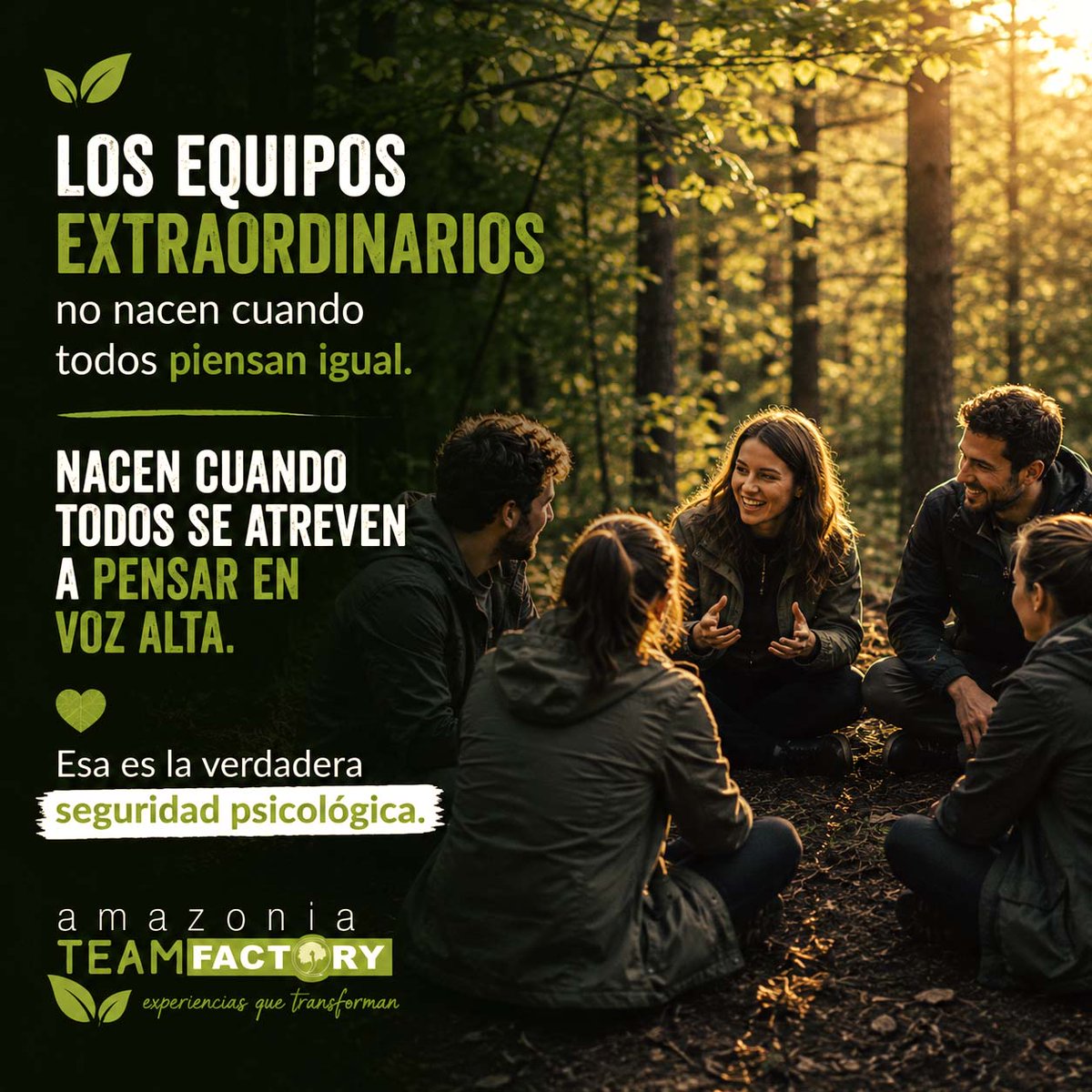 AmazoniaTeamF's tweet photo. 🌲🤝 Los equipos extraordinarios no nacen cuando todos piensan igual.

💬✨ Nacen cuando todos se atreven a pensar en voz alta.

💚🛡️ Ahí empieza la seguridad psicológica.

🚀 #Liderazgo #TeamBuilding https://t.co/sP42U4lMjM