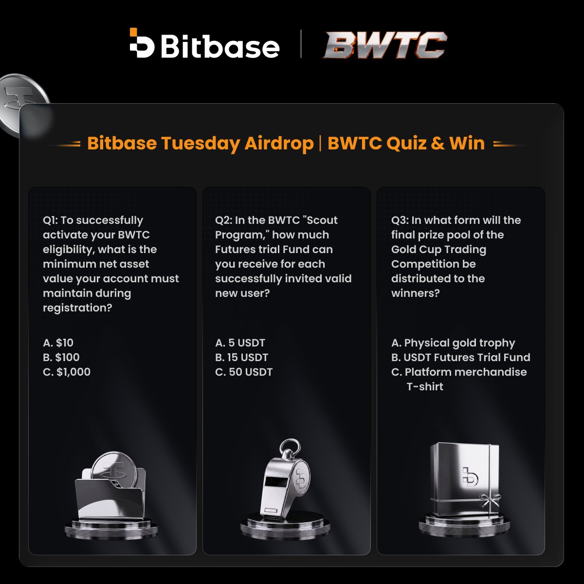 Bitbase_Ex's tweet photo. ⚽️ #BitbaseTuesdayAirdrop | BWTC Quiz & Win

📌 To Enter: Follow + Like/RT + Tag 3 friends, and leave your answers in the comments.

🎁 Reward: 3 random participants with all correct answers will score a $20 #Bitbase Contract Bonus!

Deadline: July 16, 10:00 (UTC+8)

#Bitbase #BWTC#Giveaway