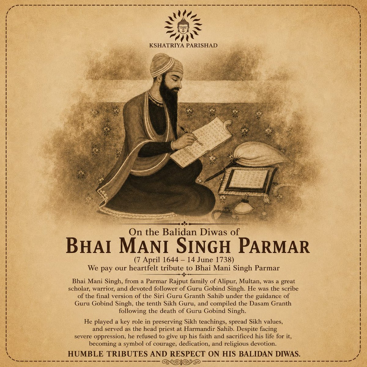 kshatriya_org's tweet photo. Today, we remember Bhai Mani Singhji Parmar (author of Dasham Granth) on his Balidan Diwas and Lt General Sagat Singh Rathore (liberator of Goa & Dhaka) on his Jayanti.