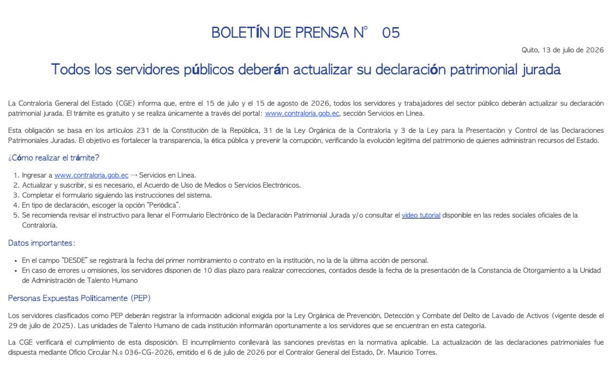 ecuainm_oficial's tweet photo. ‼️#URGENTE
La Contraloría General del Estado informó que, entre el 15 de julio y el 15 de agosto de 2026, todos los servidores y trabajadores del sector público deberán actualizar su declaración patrimonial jurada a través del portal institucional. Además, indicó que el incumplimiento de esta obligación conllevará las sanciones previstas en la normativa vigente.