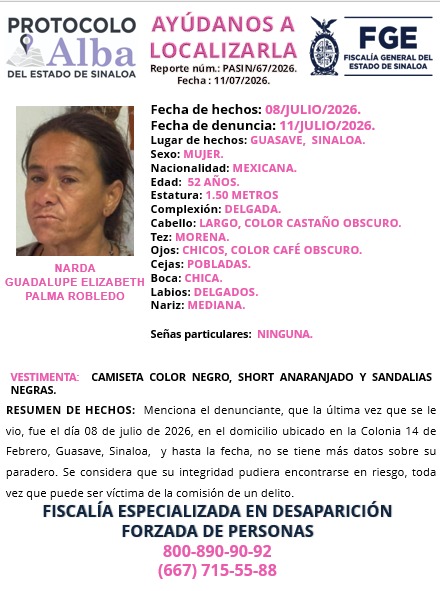 FiscaliaSinaloa's tweet photo. 🚨🔍🔔 #FiscalíaSinaloa solicita la colaboración ciudadana para localizar a Narda Guadalupe Elizabeth Palma Robledo. https://t.co/O0Lz3dxZn7