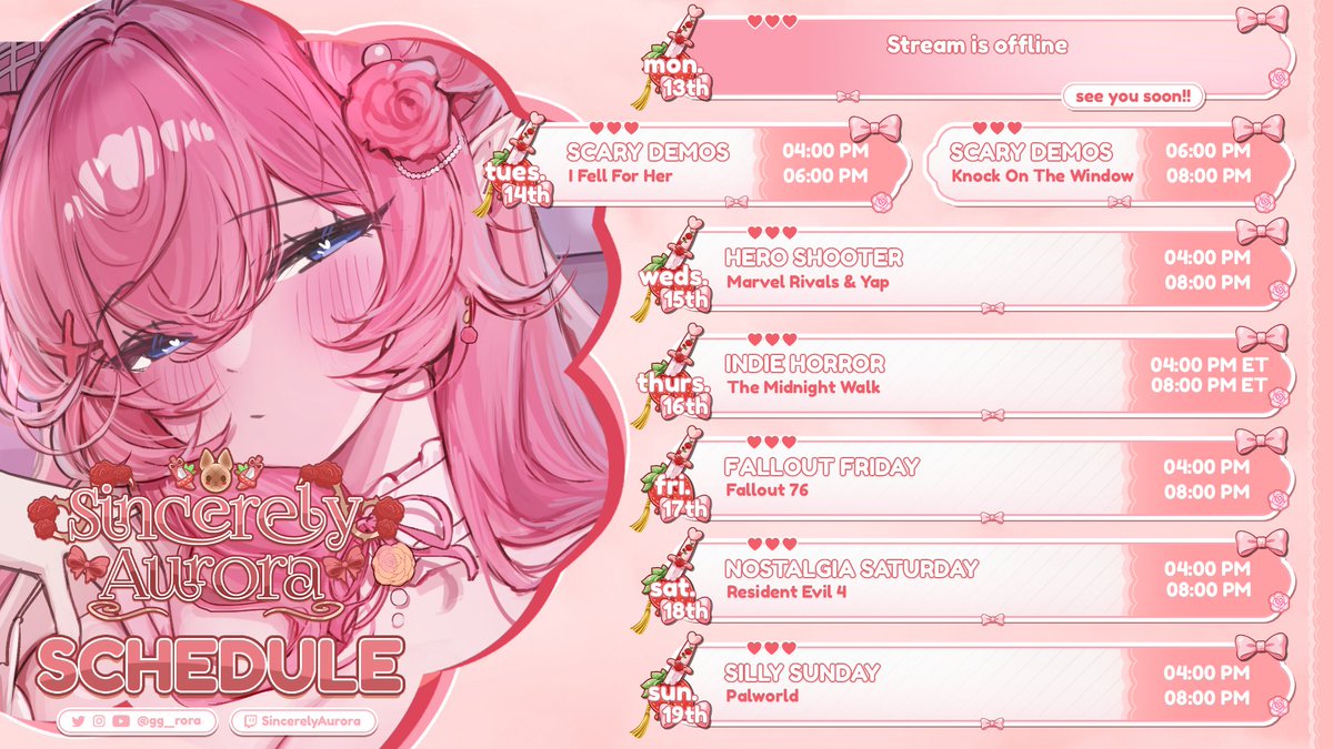 gg_rora's tweet photo. HAPPY SECOND WEEK OF JULY MY MUNCHERS!

We have some fun stuff we'll be doing this week...

INCLUDING THE CONSUMPTION OF THE WORLD'S MOST SOUR SODA TOMORROW LIVE ON STREAM 😭
────୨ৎ────   
♡ Stream schedule for 07/13 - 07/19 ♡
♡ General Tag: #sincerelyAurora
♡ Art tag: #RorArt
♡ Meme tag: #RoraCries
♡ Clips tag: #AuroraClips
♡ Live Tag: #Rorax
♡ Links : https://t.co/LRFvNPMeMn
♡ Oshi Mark: 🎀🌹

Live on both the purple and red websites at 4PM ET / 1PM PT/ 3PM CT / 10PM CEST / 11PM EET!