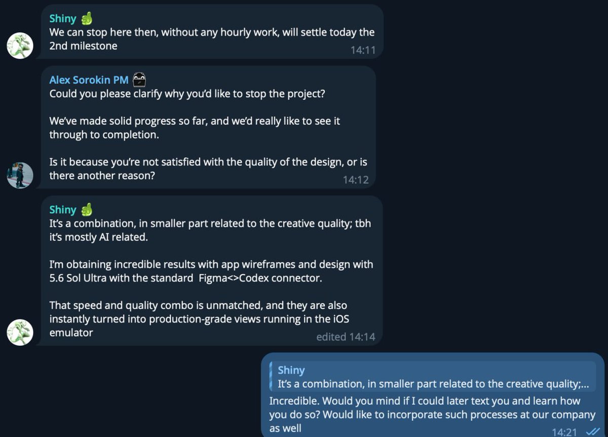 semochkin_alex's tweet photo. Design will die out anytime now

Today a $12,000 project at @relate_studio was stopped earlier than expected because AI took our job

"AI speed and quality combo is unmatched, and they are also instantly turned into production-grade views running in the iOS emulator" was the feedback

I have a 100k MRR design studio and I know that the company runs on a timer. I will always have revenue, but the market will shrink and it will be harder and harder to succeed. Potential customers who were fine with spending $10-20k for design now use shortcuts.

As of today, AI hasn't replaced design yet. For reference, for the customer in the screenshot we made a killer brand identity (which I will show later), and from my client's words were that it was incredibly useful to feed the branding context into AI, so that the AI could then design and develop simultaneously. This means design studios still have time

However, being overtly optimistic is also wrong. If you're thinking an AI which can solve PhD level mathematical and physics problems, can't solve "how to design something appealing to an X audience", you are wrong. 

That said, it's also bad to be a doomsayer. Don't be me