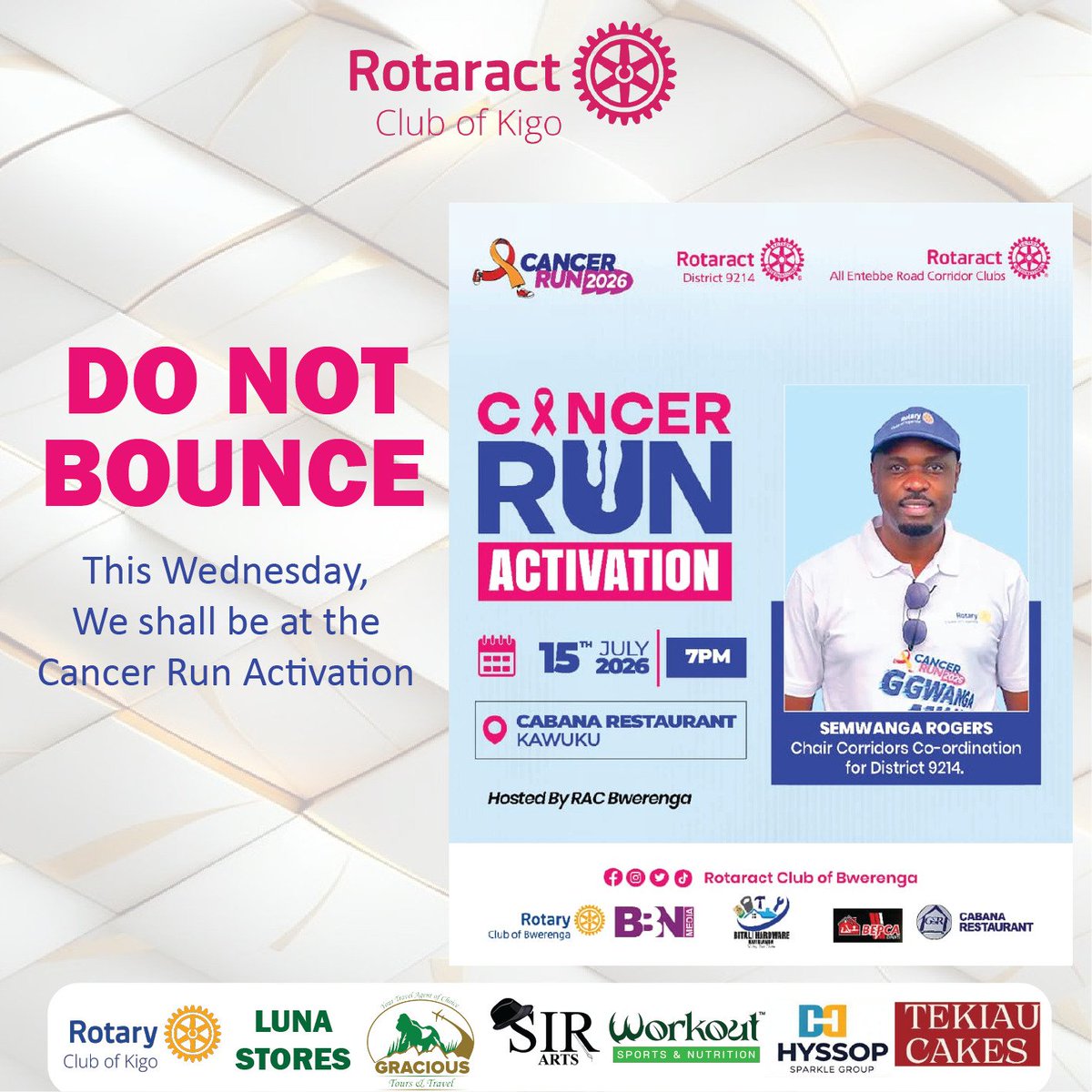 Rac_kigo's tweet photo. 🎗️ *This Wednesday, We Run for Hope!
*Don't bounce! Join the Rotaract Club of Kigo* as we take part in the *Cancer Run 2026
#CancerRun2026 #CancerRunActivation #RotaractClubOfKigo #PeopleOfAction #TogetherForACause #FightCancer #ServiceAboveSelf #Rotaract #CommunityImpact https://t.co/z1MEBDUKV9
