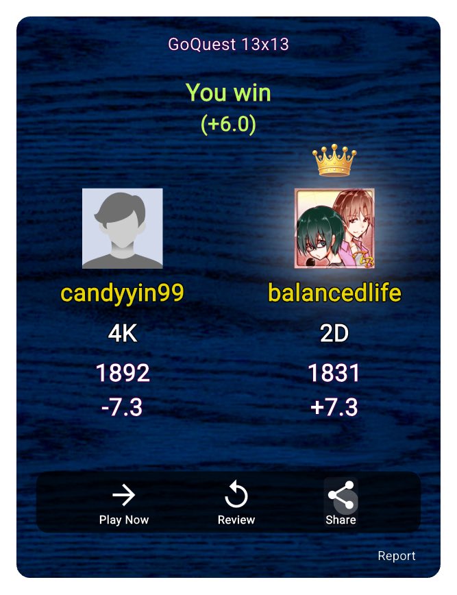 hideki41870848's tweet photo. GoQuest 【13x13】Game candyyin99[1892] 対 balancedlife[1831] https://t.co/IT1snyIj1J #GoQuest #囲碁クエスト #baduk https://t.co/G0pdhk2AIP
