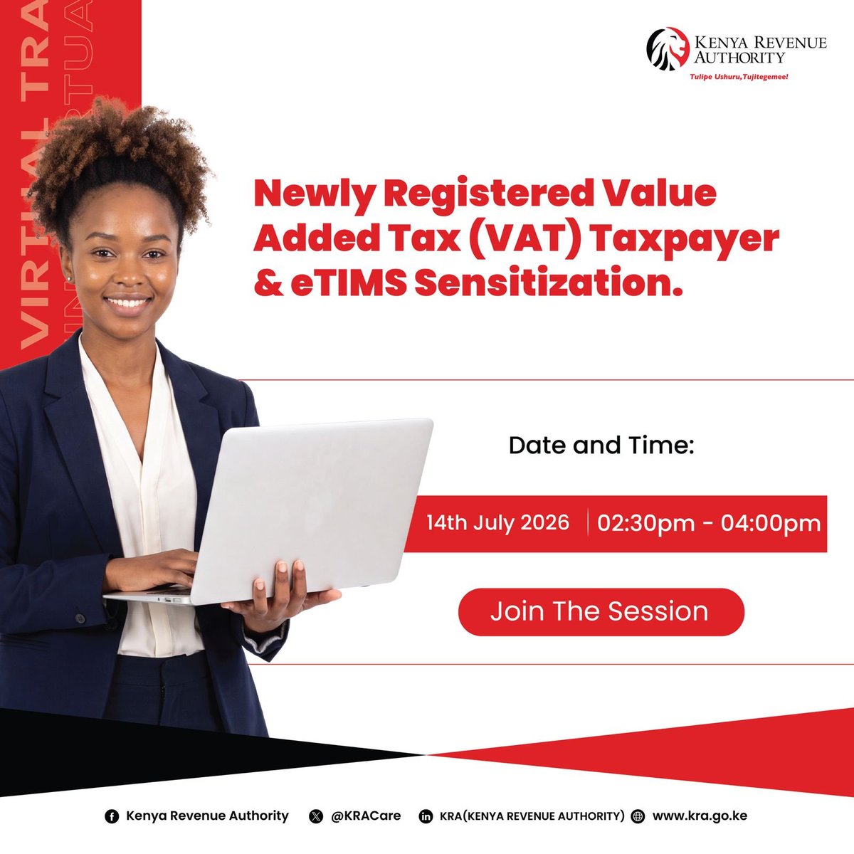 KRACare's tweet photo. VAT compliance becomes easier when you know what is expected of you.

If you are a newly registered VAT taxpayer, join this sensitization session and learn more about VAT, eTIMS, and the steps you need to take to stay compliant.

Register here: https://t.co/9kszTzNDSL

#KRATrainingSessions #TaxMadeEasy