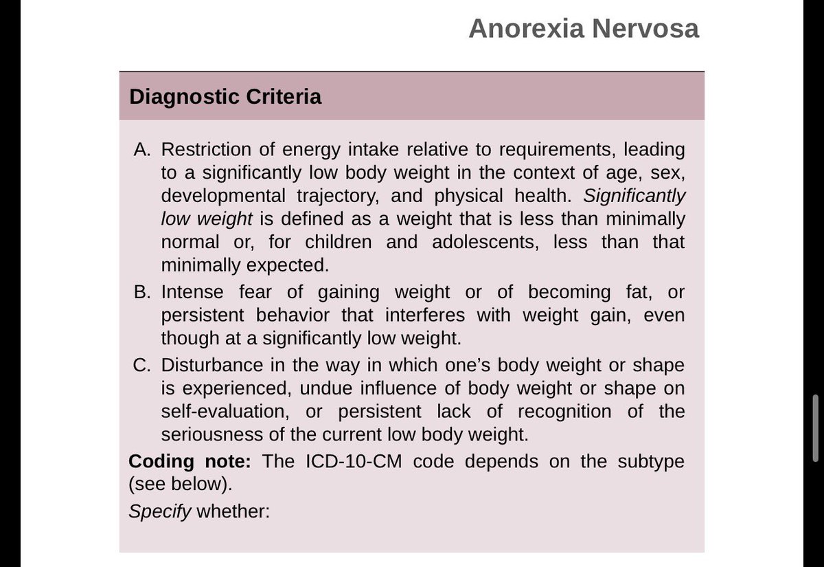 senkiki0's tweet photo. @iris69_96 @SPingard69796 @heartfullofana no you can’t😭😭😭the DSM aka the book used to diagnose and identity ANY disorder literally says you need to have A SIGNIFICANTLY LOW BODY WEIGHT which means less than the normal minimum weight for the persons age, sex, etc😭😭 https://t.co/GFiOinCUq5