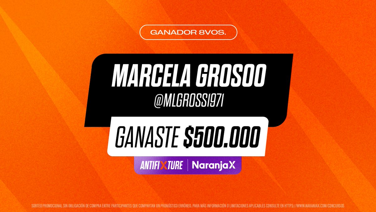 NaranjaX's tweet photo. Hay gente que nació para esto. 

Felicitaciones a @mlgross1971 por quedarse con los $500.000 de los 8vos del #AntiFixture. Errarla nunca rindió tanto. 👏 https://t.co/KOkpXXiKNc
