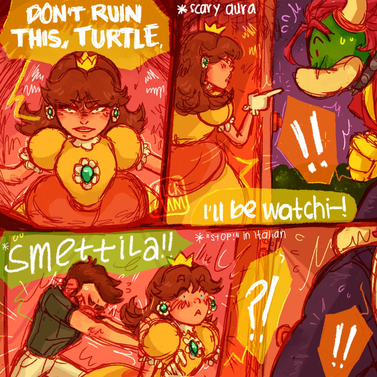 Alcram_art's tweet photo. ( 2 / ? ) 💛First Date💚
#Bowuigi #BowserxLuigi #LuigixBowser

Luigi intervenes before his best friend scares Bowser away, though he shouldn’t worry, if anything Bowser is delighted with how supportive and protective Daisy and Peach are towards him. https://t.co/8XtS3DsJwW