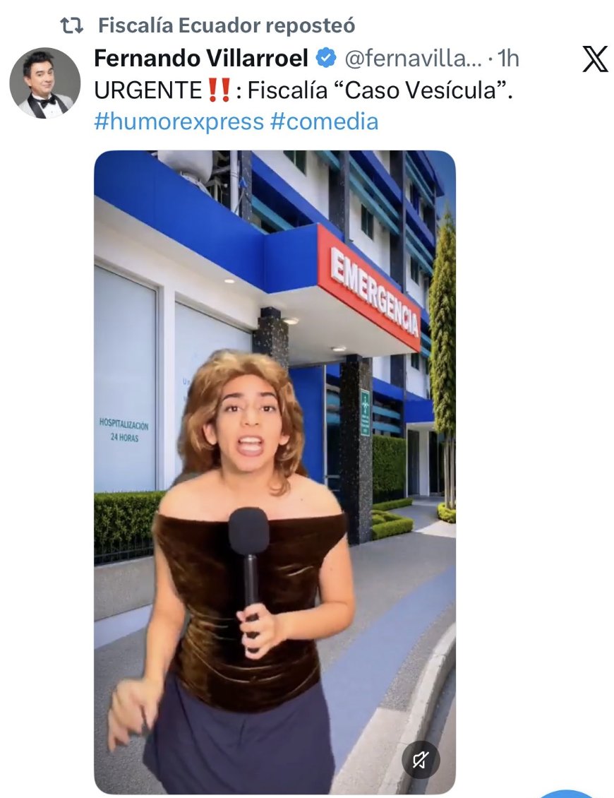 ecuainm_oficial's tweet photo. ‼️#URGENTE 
La Fiscalía General del Estado reposteó desde su cuenta oficial un video del actor Fernando Villarroel protagonizado por una parodia del alcalde de Guayaquil, Aquiles Alvarez. La institución eliminó el reposteo. https://t.co/xdhihjsrFP