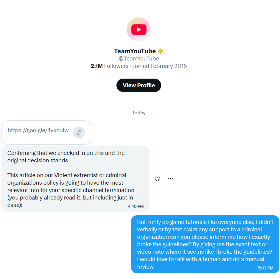 ZeeuseCR's tweet photo. @TeamYouTube You still gave me an automated response and I asked for a manual review. Could you please fulfill my request?
Thank you. https://t.co/YhVZyShG8b
