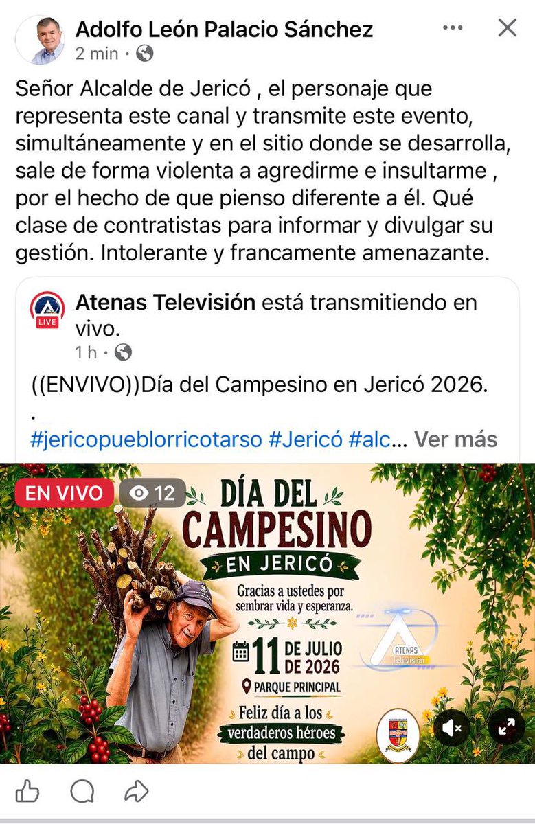 jericoconlupa's tweet photo. 🚨 DENUNCIA PÚBLICA: ¿Censura institucional y agresiones en el canal del municipio de Jericó? 🚨

El dirigente @AdolfoLeonP ha denunciado públicamente haber sido víctima de una agresión verbal en el parque principal de Jericó. Según sus declaraciones, el ataque provino directamente del administrador de Atenas Televisión, medio que opera como el canal que está contratado para los eventos del municipio, precisamente en momentos en que este se encontraba cumpliendo funciones públicas durante la transmisión oficial del evento del Día del Campesino.

Este grave señalamiento se habría originado luego de que el dirigente manifestara su postura crítica frente a la línea de información del canal y su abierto sesgo a favor del proyecto minero Quebradona. Al tratarse de un contratista en ejercicio de sus funciones, financiado con recursos públicos por y para los jericoanos, resulta doblemente inadmisible que se utilice la investidura institucional para violentar o amedrentar a quienes ejercen la libre expresión y el control social.

Dado que el dirigente Adolfo León informa de estas censurables acciones al alcalde municipal, la comunidad exige que la administración local tome correctivos en el asunto de manera inmediata. Es urgente que se revisen los vínculos contractuales con dicho administrador y se garantice que el canal del municipio —y sus operarios en eventos públicos— actúen bajo un marco neutral, ético, libre de violencia y se respete la libertad de expresión.

📢 ¡Los recursos, eventos y medios públicos de Jericó no pueden ser trinchera de intolerancia! Todo nuestro respaldo a la verdad y a las plenas garantías de control político.

#JericóSeRespeta #DíaDelCampesino #Quebradona #LibertadDeExpresión #ControlSocial #AtenasTelevisión
@SebastinGa82428