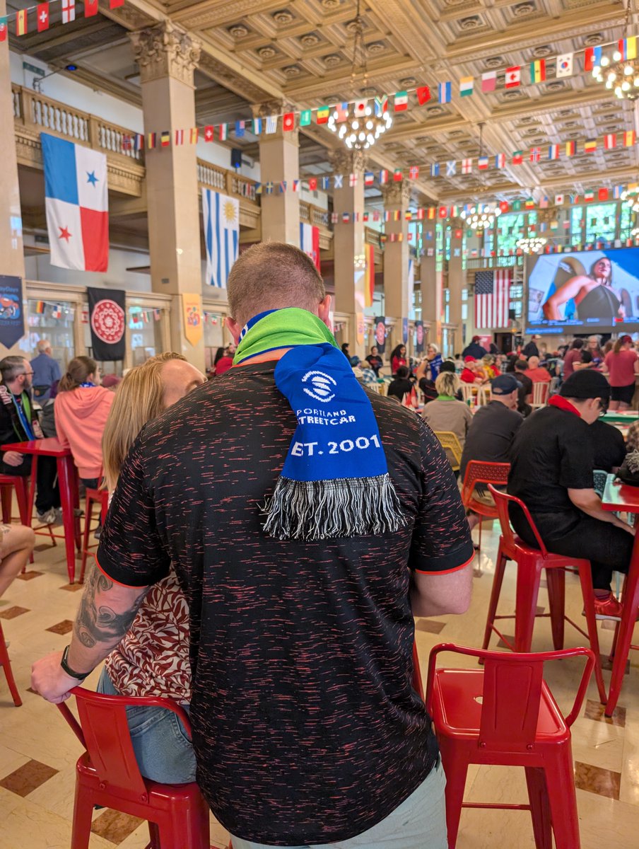 PDXStreetcar's tweet photo. We had a blast celebrating 25 years of Portland Streetcar at the Thorns FC watch party this weekend! Thanks to all who attended, cheered on the Thorns and took home a streetcar soccer scarf! ⚽🚃 https://t.co/r5KkXwlpEb