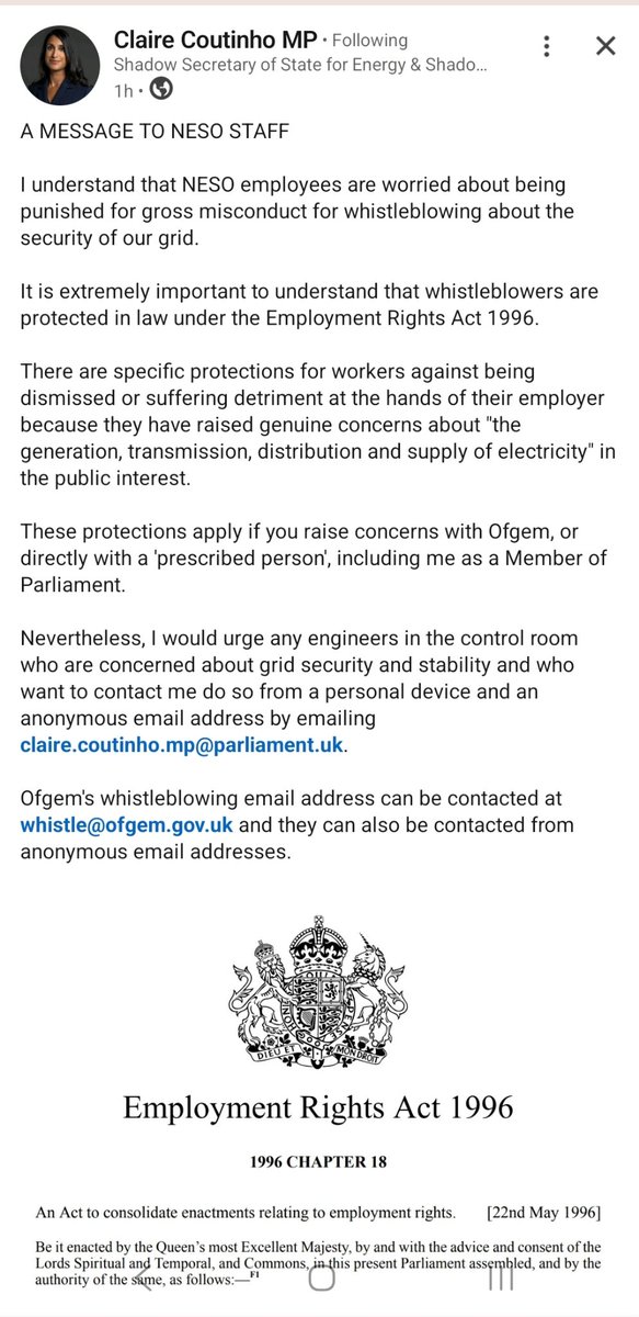 KathrynPorter26's tweet photo. @ClaireCoutinho has posted this on LinkedIn...

If you work in the control room or anywhere else in the electricity system and you have concerns over the security of our electricity supplies it's NOT misconduct to approach a Member of Parliament with those concerns

Claire Coutinho appears to be pursuing these claims with vigour which is encouraging

Approaching @ofgem is also an option

Contact info for both are in the image below