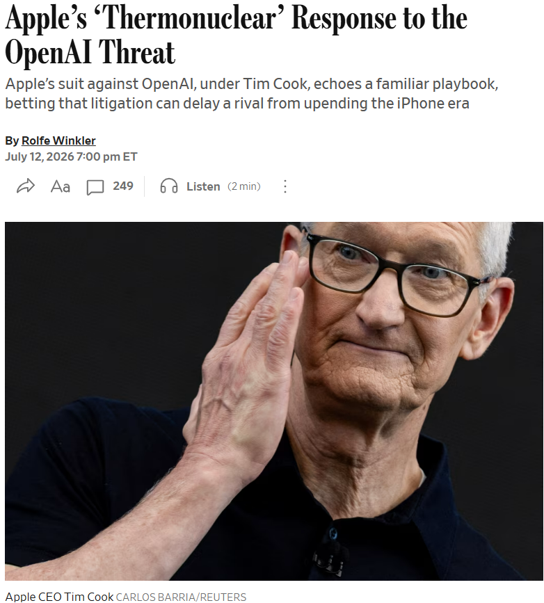 sufayyan_x's tweet photo. قبل سنتين Apple ادخلت ChatGPT ضمن اجهزتها وخدماتها

اليوم، العلاقة وصلت للمحكمة

ابل رفعت دعوى ضد OpenAI وموظفين سابقين لديها وتقول ان في اسرار تجارية نُقلت للمساعدة في تطوير اجهزة منافسة

شركة OpenAI تنفي الاتهامات

الموضوع اكبر من خلاف بين شركتين

شركات الذكاء الاصطناعي تبي جهاز خاص فيها

لأن اللي يملك الجهاز يملك الباب اللي يدخل منه المستخدم كل يوم.

المصدر: Wall Street Journal