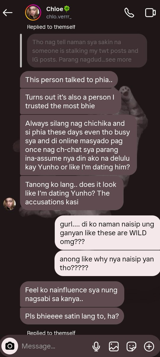 ddeonghwafeverr's tweet photo. ah fuck it here's more of chloe's problematic ass (backstabbing, having "insider infos") :

2024, you really had the nerve to backstab phia when she was literally the one who defended and protected you. and then magvevent out, telling me you can't trust her anymore. why tho? ++ https://t.co/prySEDFl5X