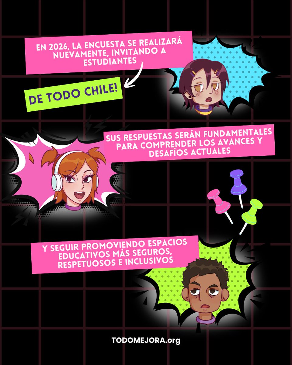 TodoMejora's tweet photo. Ya está disponible la #EncuestaClimaEscolar 2026. Para estudiantes #LGBTIQA+ de 14 años o más en Chile, queremos conocer las experiencias para construir comunidades educativas más seguras. Es online, voluntaria y confidencial. Disponible https://t.co/uEYjNlpn7w https://t.co/pKIiAQwbGZ