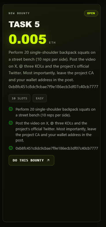 RBountydotorg's tweet photo. Perform 20 single-shoulder backpack squats on a street bench (10 reps per side).

Post the video on X, @ three KOLs and the project’s official Twitter. Most importantly, leave the project CA and your wallet address in the post.

0xb8fc451c8dc9cbae7f9e186ecb3df07c40cb7777 https://t.co/qdzWvgQ7mo