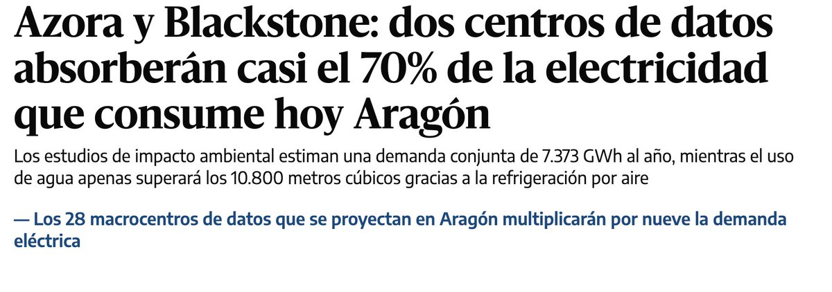 Manolito_AS's tweet photo. 2 centros de datos de los que se montarán en Aragón, consumirán el 70% de la electricidad que consume hoy la región. https://t.co/LFr0LK2Kta
