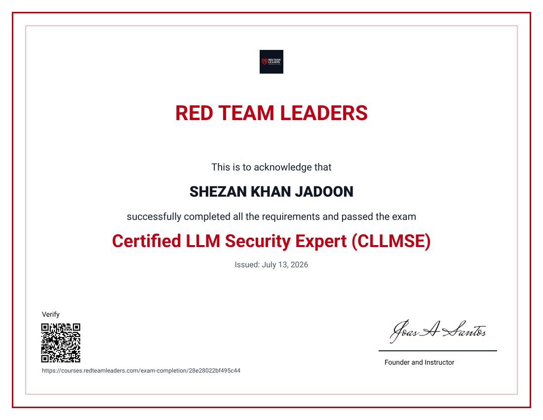 shezankhan01's tweet photo. Alhamdulillah! ✨ I’m proud to share that I have officially become a 🎓Certified LLM Security Expert (CLLMSE). 🔐
🔗 Certificate Verification: https://t.co/eost3CrBec
#Alhamdulillah #cllmse #LLMSecurity #AISecurity #CyberSecurity #ArtificialIntelligence #ShezanKhan #Shezi https://t.co/zGVvxQlttE