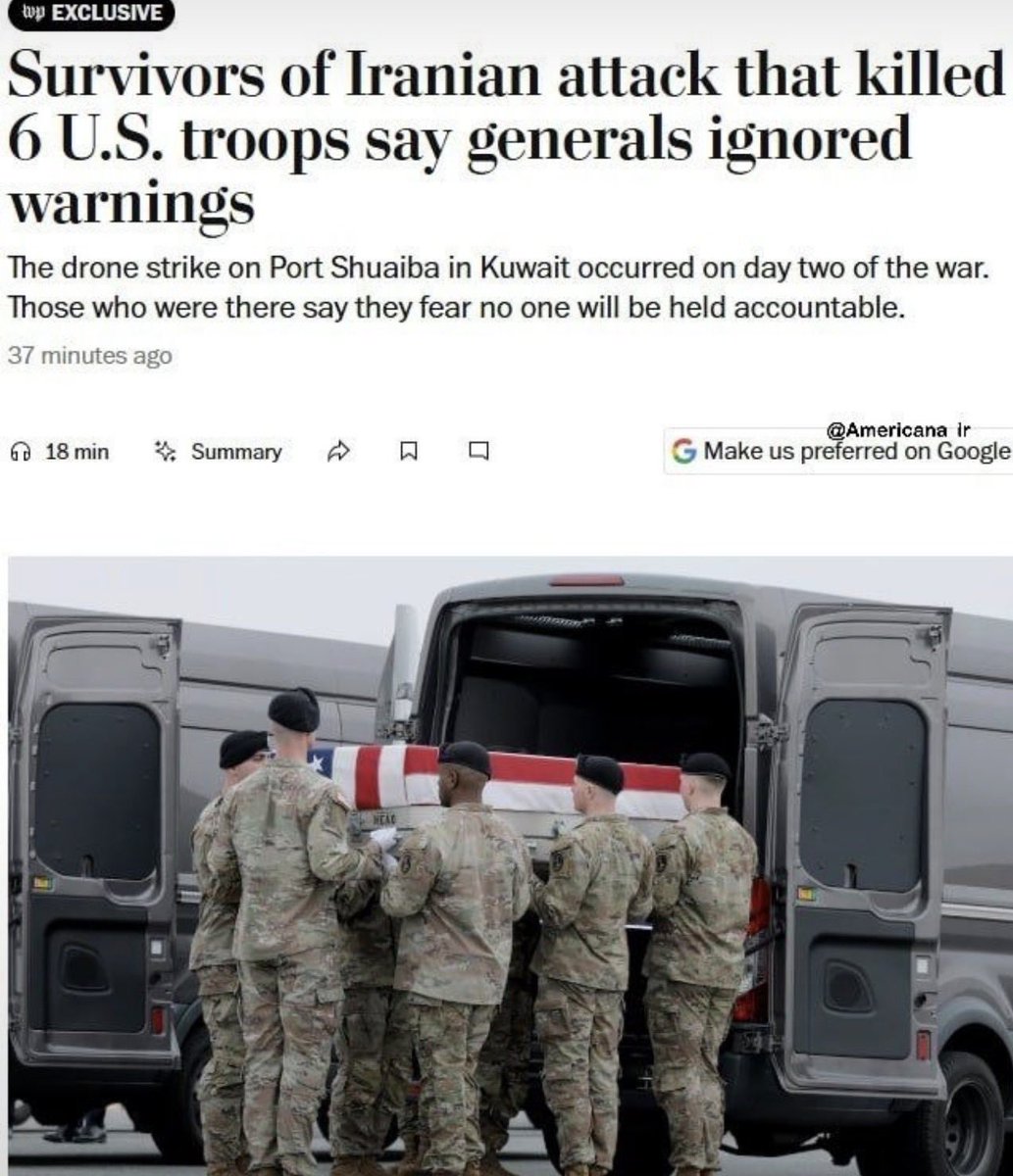 Geopoliticabra4's tweet photo. Washington Post: O brigadeiro-general dos EUA Clint Barnes abandonou suas tropas durante um ataque com drone iraniano no Kuwait no segundo dia de guerra, fugindo para um bunker enquanto dezenas ficaram presas em um prédio em chamas
Seis soldados dos EUA mortos, mais de 30 feridos https://t.co/yT0mcXKv5j