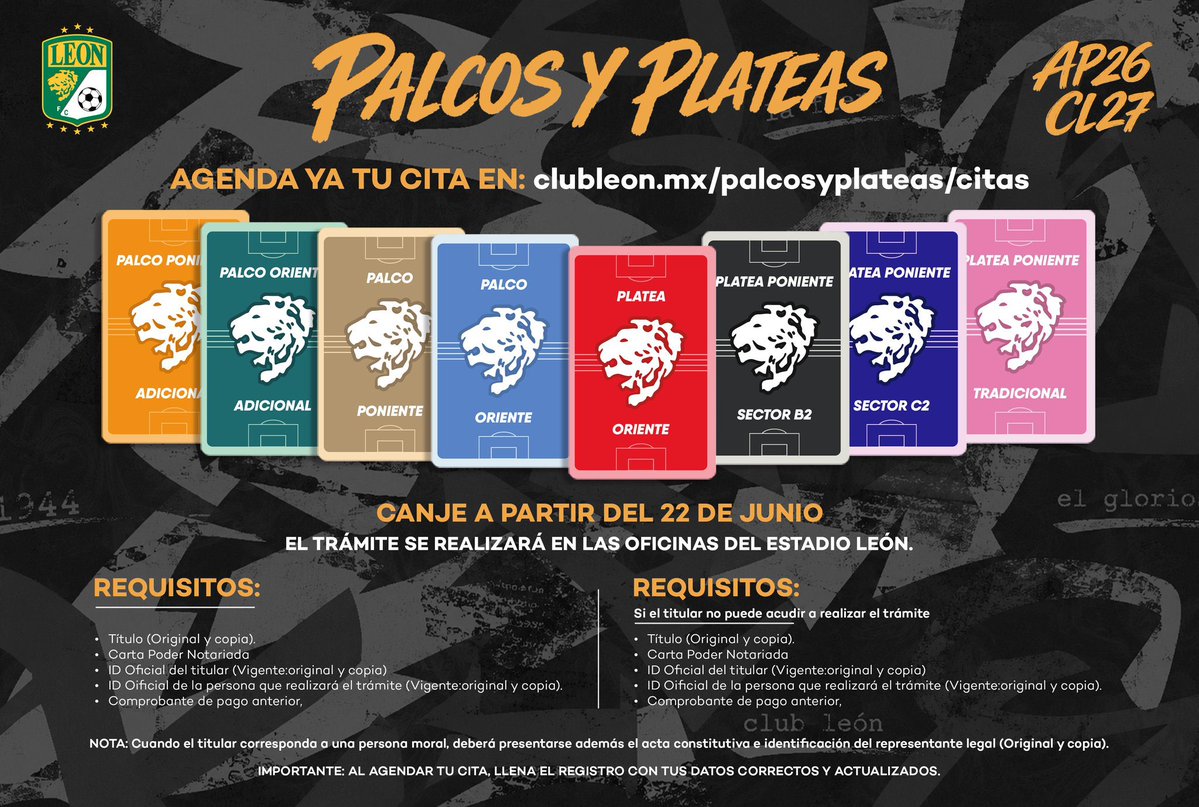 clubleonfc's tweet photo. 𝗣𝗔𝗟𝗖𝗢𝗦 𝗬 𝗣𝗟𝗔𝗧𝗘𝗔𝗦 | 𝗥𝗘𝗡𝗢𝗩𝗔𝗖𝗜𝗢́𝗡  🦁    

Agenda tu cita para realizar la renovación de 𝗣𝗮𝗹𝗰𝗼𝘀 𝘆 𝗣𝗹𝗮𝘁𝗲𝗮𝘀 𝟮𝟬𝟮𝟲-𝟮𝟬𝟮𝟳.      

Entra a 📲https://t.co/wkCYQz8DCv…

El trámite se realizará en las oficinas del Estadio León. 🏟️ https://t.co/EO7dwZA6p6