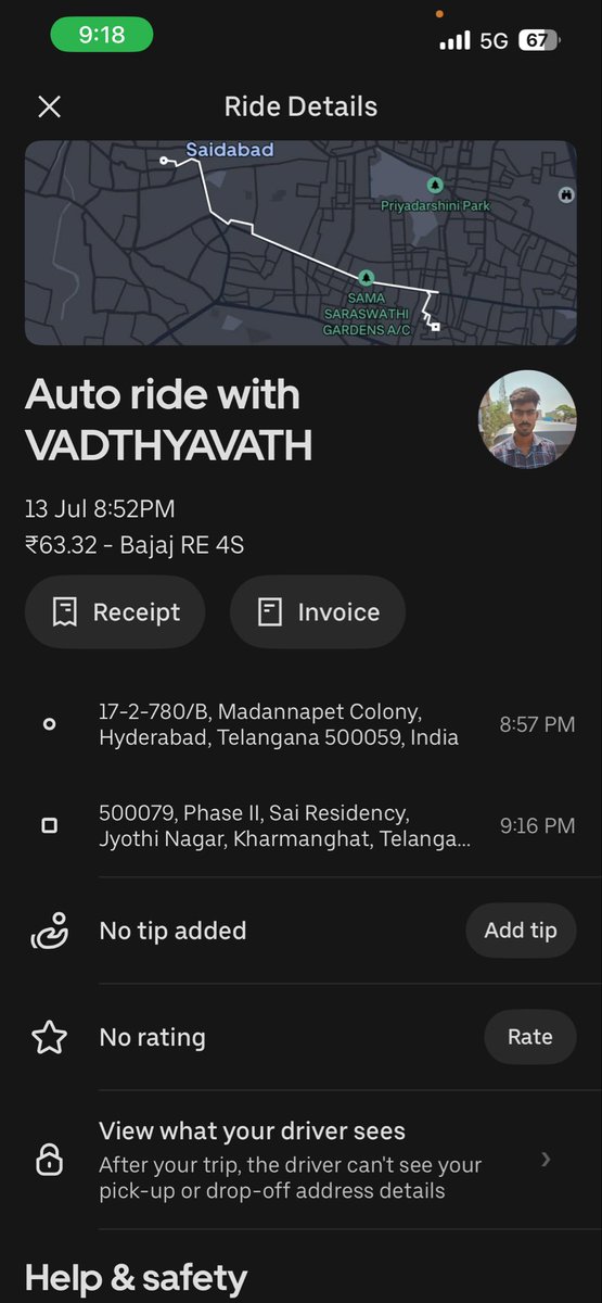 RavulaAnil23's tweet photo. @Uber_India I had booked an auto ride where the fare shown at booking and after trip completion in my Uber app was ₹63.32. However, the driver insisted that the fare was ₹102.53 on his app and demanded I pay ₹103. I paid ₹63.32 via UPI, as that is what my Uber receipt shows. https://t.co/k5TAmBXH8j