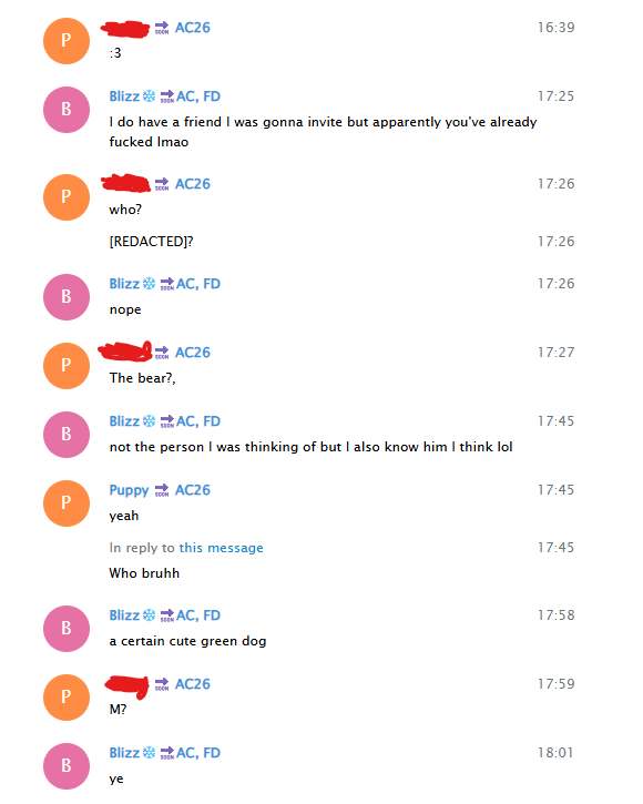 LuckyInHeat's tweet photo. TW - Grooming, Cub, Zoo, Feral, Babyfur

There is something I need to talk about. Recently I got sent the telegram chat logs of @/BlizzzBlizzzz a 23 year old where he tried to meet up for an "orgy" with another 15 year old furry at the furpoc furry convention 

1/5 https://t.co/48W46nTGvL