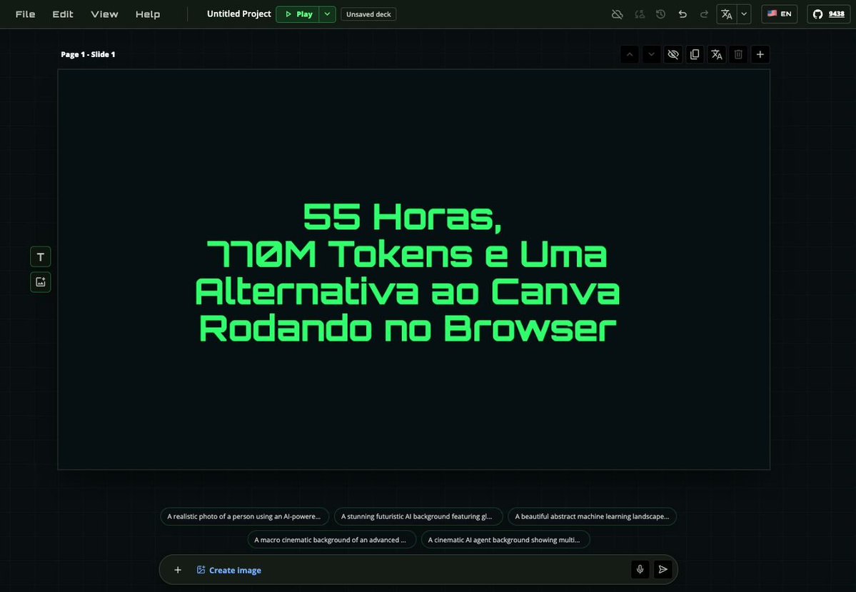 erickwendel_'s tweet photo. 55 Horas, 770M Tokens e Uma Alternativa ao Canva Rodando no Browser 🤯

Sim, meus amigos, esse foi o tempo gasto para fazer a v0 do meu mais novo projeto. 

Em um pouco menos de 1 semana e quase 1 BILHÃO DE TOKENS gastos 🤯🤯🤯

O projeto ainda não foi lançado. Sabe por quê? 

Porque na quarta-feira, 15/07, às 19 horas, eu vou apresentá-lo no super evento GRATUITO da @nodebr  em SP (sim, vem participar e corre, que já já esgotam as entradas!)

Nesta palestra, vou mostrar o que acontece quando você para de usar a IA como autocomplete e passa a tratá-la como uma parceira de engenharia de longo prazo. 

Vou compartilhar como usei o Codex em múltiplas worktrees para construir esse misterioso projeto, uma alternativa local-first e browser-native a ferramentas como Canva e Keynote, com mais de 770M tokens consumidos e uma execução ininterrupta do agente por cerca de 20 horas.

Vou explorar o processo por trás do projeto: desenvolvimento orientado por especificação com Superpowers, implementação paralela baseada em worktrees, skills customizadas para Codex e cobertura end-to-end adicionada depois para estabilizar o produto. 

Você vai ver como o projeto evoluiu de ideia a um app funcional, o que quebrou no caminho e o que aprendi usando agentes de IA em engenharia de software real

Vem participar! Dia 15/07, 19h no, o esquenta para a primeira @jsconf_br 🇧🇷 🤯

🪄https://t.co/PUyqDZ5xUs