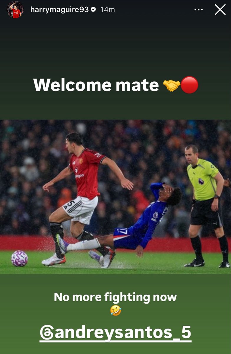 mufcMPB's tweet photo. 🚨🚨📸 Harry Maguire to Andrey Santos via IG:

“Welcome mate 🤝🔴 No more fighting now 🤣” https://t.co/Rp4VZM1EDu