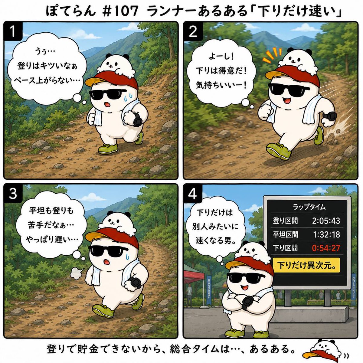 FunRun_POTERUN's tweet photo. ぽてらん4コマ劇場

【下りだけ速い】

＃ランニング
＃坂道
＃ぽてらん https://t.co/UNVdVTZ2rA
