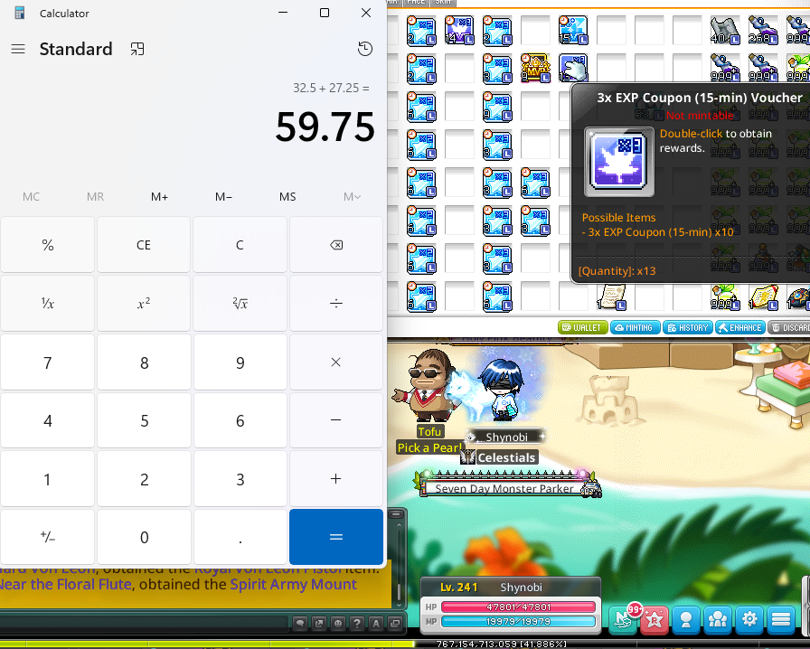 CelestialsMSU's tweet photo. Just calculated all my 2x and 3x coupons. 

40 2x(15min) - 600 minutes
41 3x(15min) - 615 minutes
14 3x(30min) - 420 minutes
13 3x(10bulk 15min) - 1950 minutes

Total of 3585 minutes which is:
- 2.489 Days
- 59.75hrs
- 215,100 seconds

Currently at 241 w/ 41.886%. The person comments below and guesses the closest to the right level and % after all these coupons (will try to grind with MVP if its available),

Will get 10M Nesos. 
If you're in the Celestials Guild 2.5x it to 25M.😎

Good Luck!