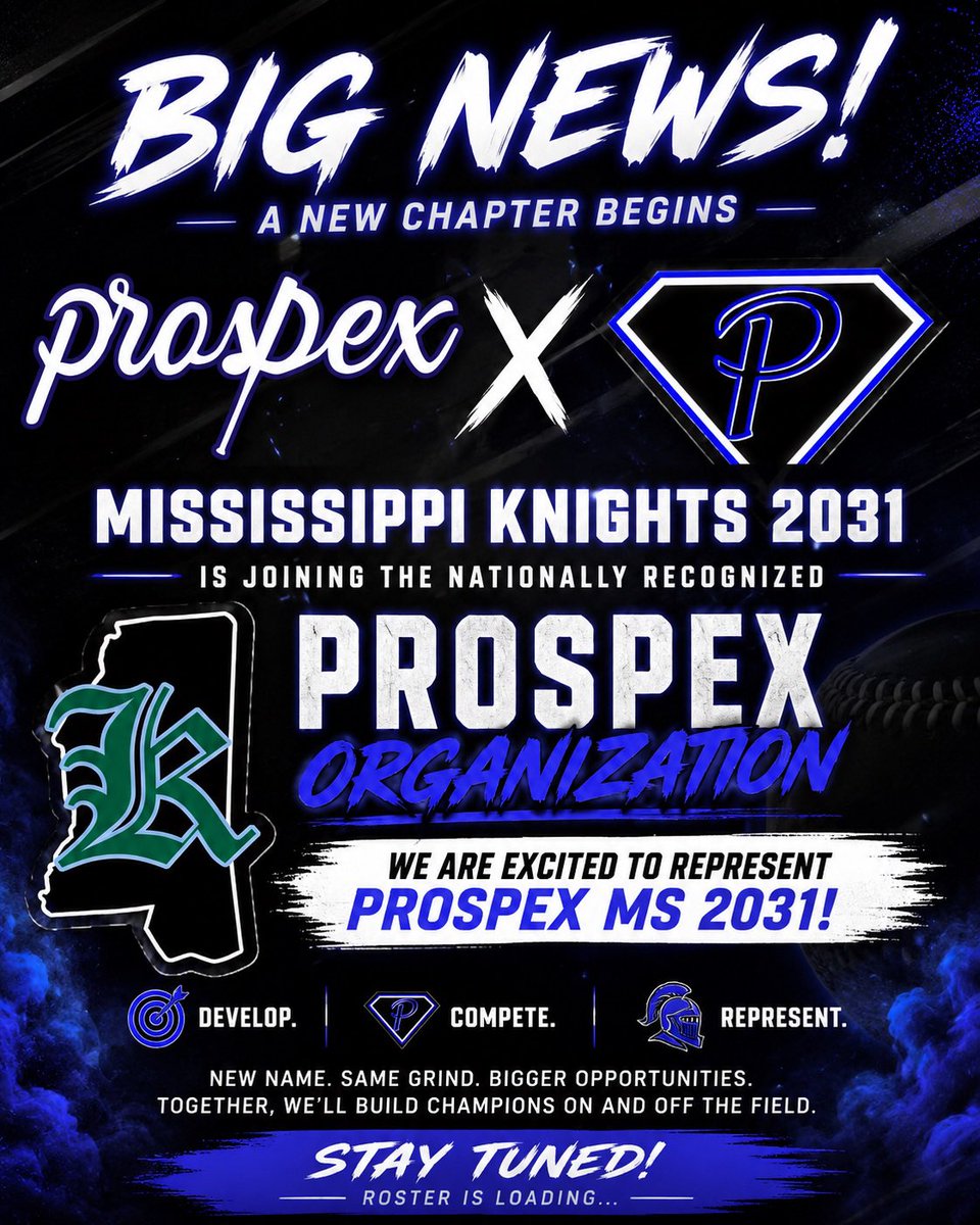 Prospexms2031's tweet photo. 🚨 BIG ANNOUNCEMENT! 🚨

We are excited to officially announce that Mississippi Knights 2031 is joining the nationally recognized Prospex Organization!

We are honored to represent Prospex Mississippi 2031 and can’t wait to see what the future holds.

#Prospex #ProspexSoftball https://t.co/Wd0BXZ4nwl