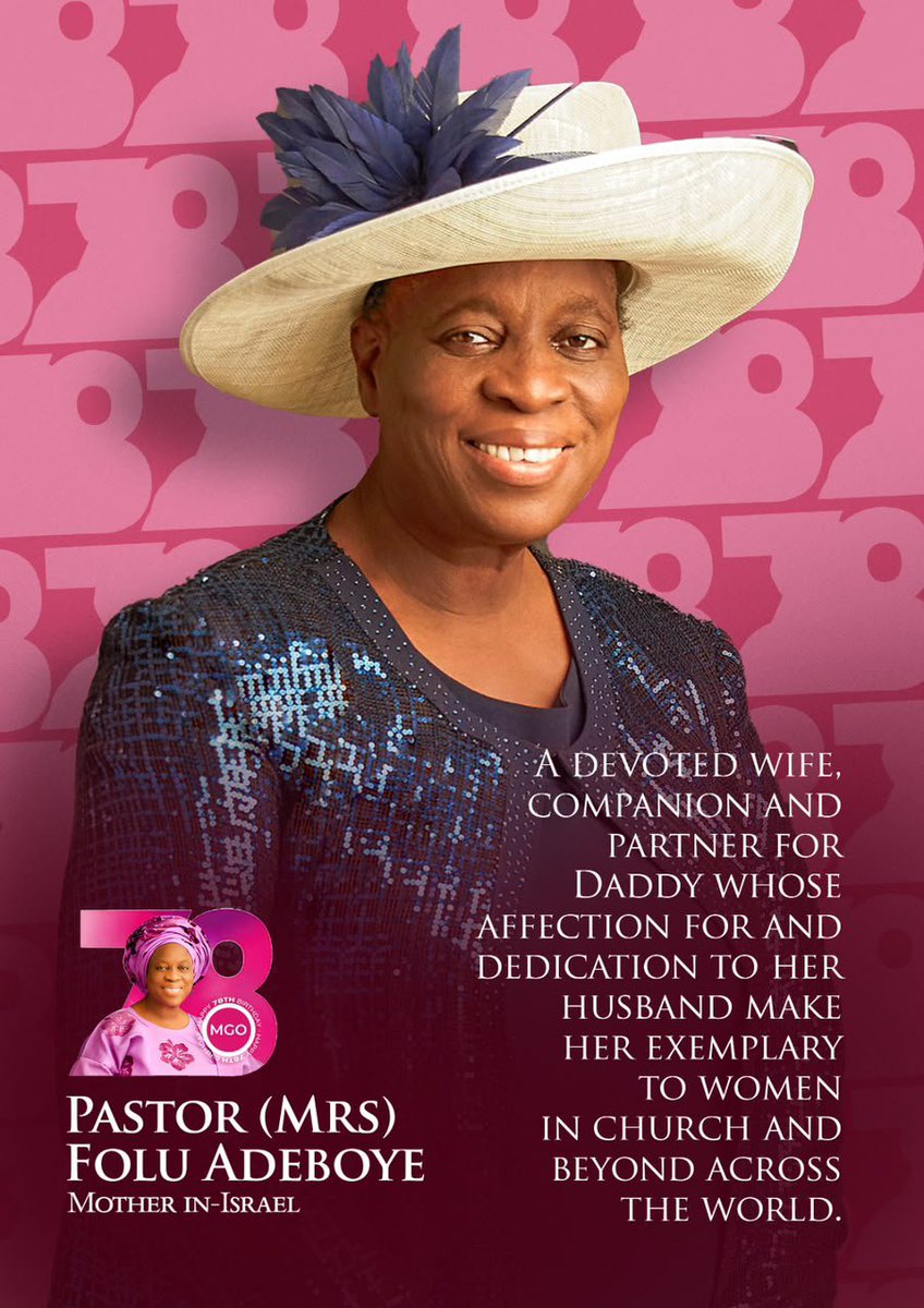 RCCG_PR's tweet photo. Our gracious and dearly loved mother-in-Israel @PastorFAAdeboye wears many hats, and today, we honour her impact and good works.

Join us as we celebrate her today as she clocks 78.

#MGO78
#FAA77 https://t.co/JHS3bDqFcd