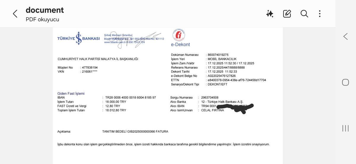 barisyildiz_44's tweet photo. Kılıçdaroğlu Malatya il Başkanı Naylon fatura kesmiş diyor..
Konuyu bilmeden iftira atıyor..
18 bin TL olması gereken fatura sehven 18 milyon TL olarak düzenlenmiş, hata fark edilince iptal edilip doğru tutarla yeniden kesilmiştir. Ödeme de 18 bin TL olarak yapılmıştır https://t.co/PazLa3uwoi