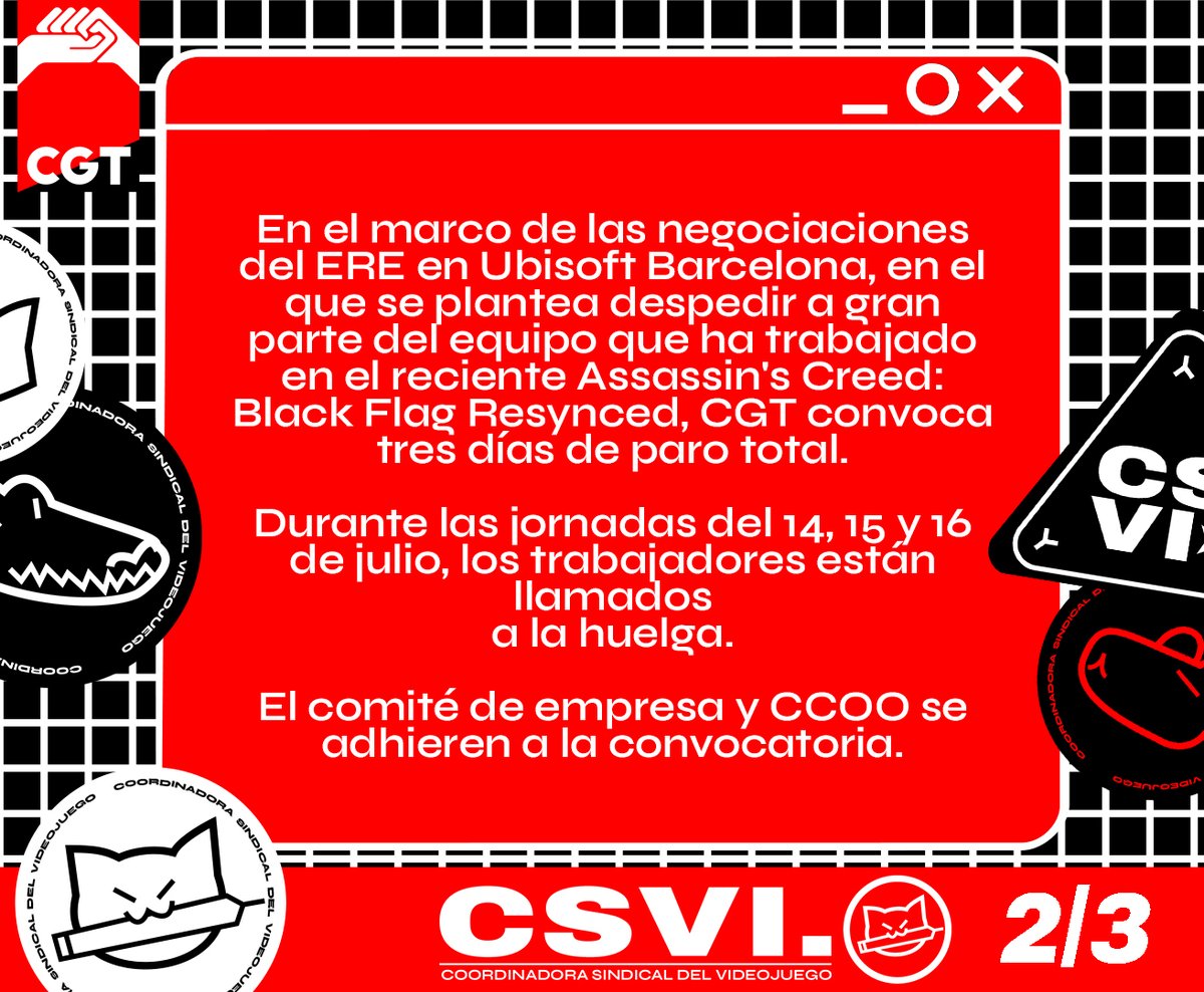 CSVI_CGT's tweet photo. Las trabajadoras de Ubisoft han hablado y convocal a un paro total para reivindicar sus derechos.
¡Basta ya de recortes injustificados! ¡No al ERE de Ubisoft Barcelona!
#ubisoft #ere #layoffs #gamedev https://t.co/Jpbk7Q4HgO