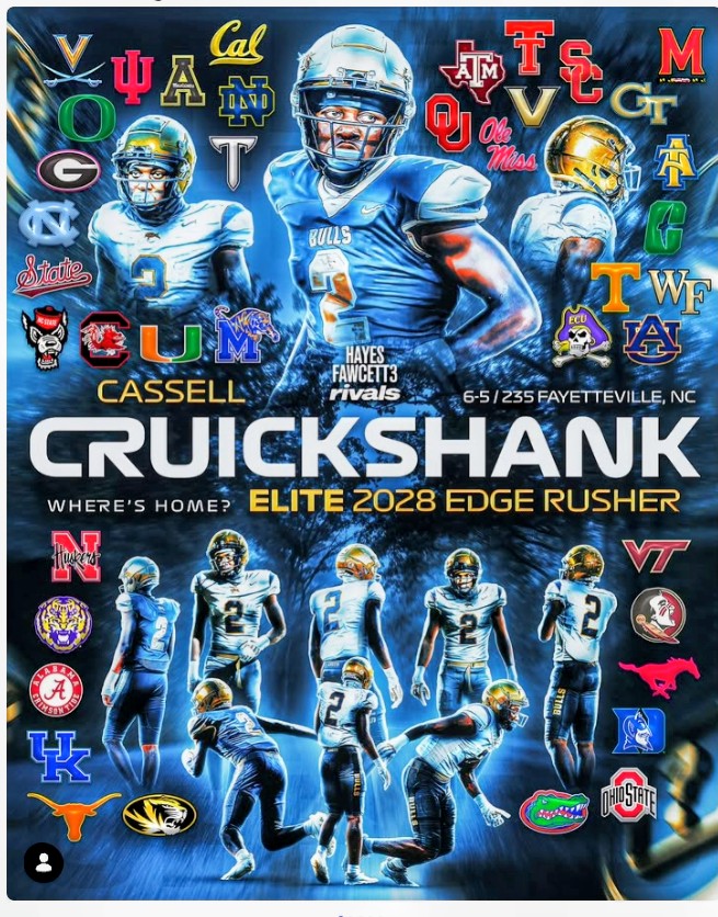 CollegeSaturday's tweet photo. This is a 6'5 235 4 ⭐ edge, Cassell Cruickshank from E.E. SMITH FAYETTEVILLE N.C. CASSELL is the 6th ranked edge in the C/O 28. 🦬🏈🏠 https://t.co/9KAXAxkfIr