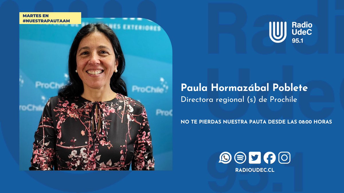 RadioUdeC's tweet photo. #Entrevista 🎙️ Este martes en #NuestraPautaAM:

🔹Conversaremos con la directora regional (s) de Prochile, Paula Hormazábal P., sobre las exportaciones de Biobío en el primer semestre de este 2026.

@ProChile

📻95.1 FM
💻https://t.co/qfuK5PwYJa https://t.co/242eDzAtfZ