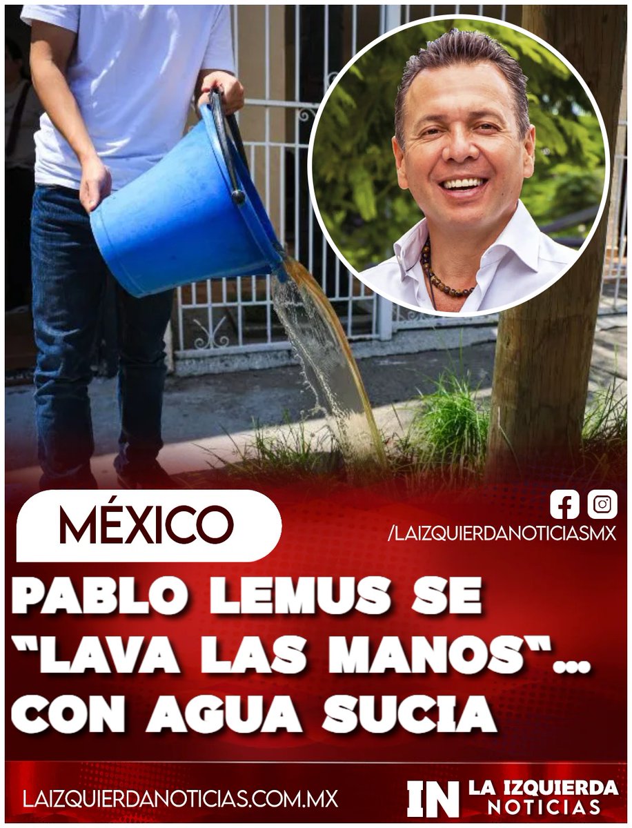 IzqNoticiasMx's tweet photo. YA APARECIÓ. Tras varias semanas de protestas ciudadanas, salió por fin el mundialista gobernador de Jalisco, a "lavarse las manos" y culpar a los municipios de la mala calidad del agua potable. El cínico mandatario anuncia un remedio temporal que dará resultados HASTA EL MES DE SEPTIEMBRE, y promete, otra vez, una solución integral pero será HASTA ABRIL DEL PRÓXIMO AÑOS. Ni modo, a seguir comprando agua de garrafón.
