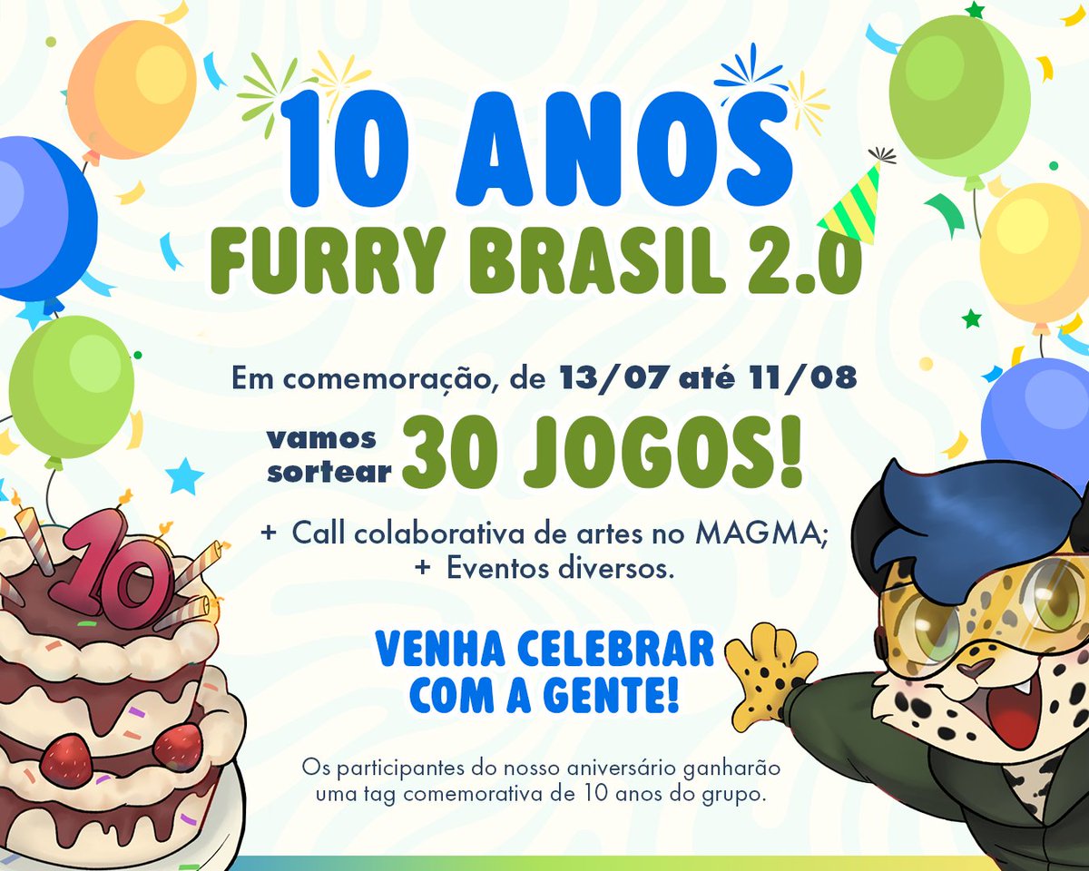FurryBrasilv2's tweet photo. 🎉 Evento de Aniversário - Furry Brasil 2.0 - 10 Anos 🎉

Para participar do Evento de Aniversário entrem no grupo do Discord: https://t.co/nGfB1t0dXl

Os sorteios de jogos e anúncios de Eventos ocorrerão no canal de texto: # saguão-de-anúncios. https://t.co/vQ7dQf31Zc
