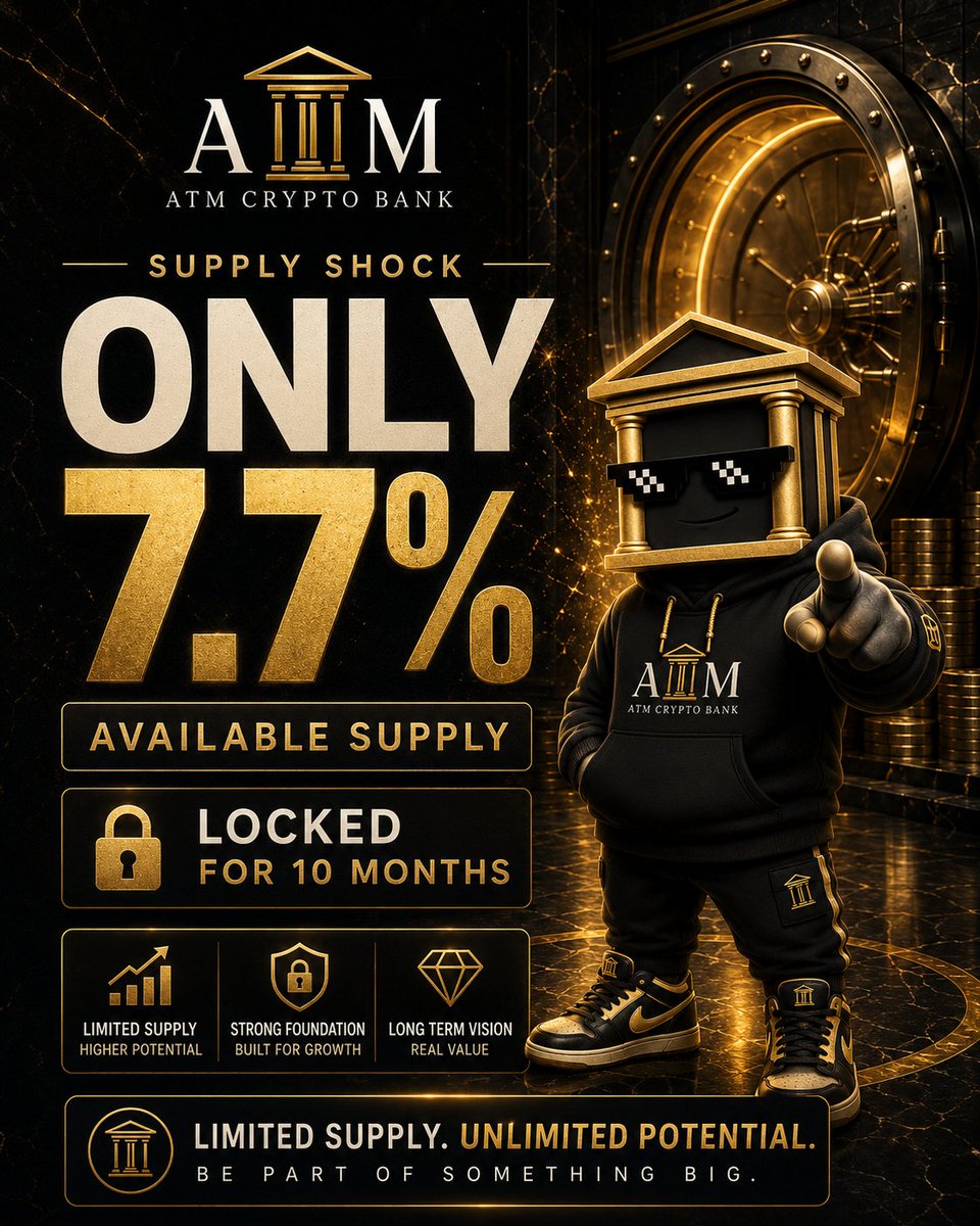 ATMCryptoBank's tweet photo. 🏦 ATM CRYPTO BANK — SUPPLY STRUCTURE

Only 7.7% of the total $ATM supply will be available to the market at launch.

The remaining 92.3% will remain locked for 10 months, including all Private Sale allocations.

This structure was designed to reduce early selling pressure, protect the launch environment, and support disciplined long-term growth.

🚀 Official Launch
Thursday — 17:00 UTC
📊 Total Supply: 5,000,000 $ATM
🔒 Locked for 10 Months: 92.3%
💎 Available at Launch: 7.7%

Limited initial circulation.
Transparent token structure.
Long-term vision.
The market is about to meet a different standard in crypto finance.

🏦 ATM Crypto Bank
 TRUSTED • SECURE • TRANSPARENT

#Solana #Crypto #DeFi #ATMCryptoBank #SupplyShock #Altcoins #SOL