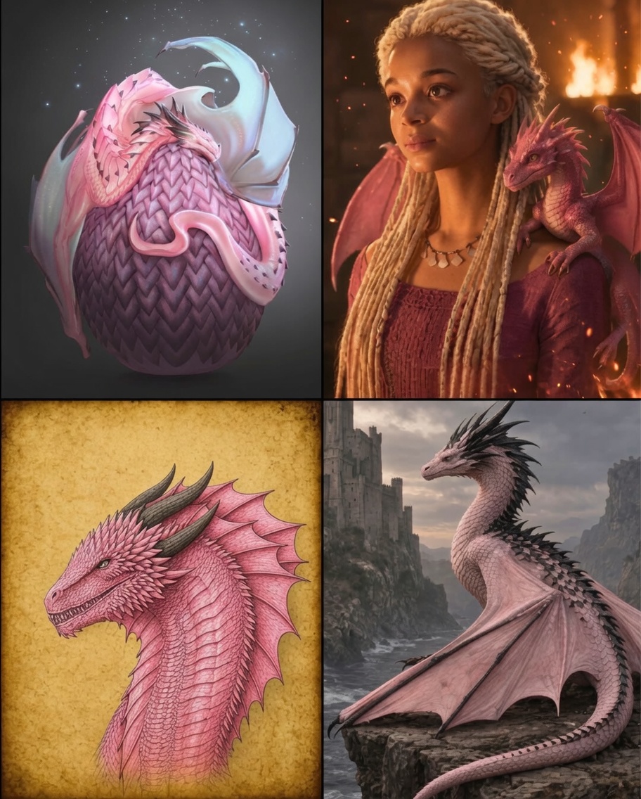 jlinzombie's tweet photo. Nos livros, Morning foi a última dragão nascida durante a Dança dos Dragões. Ela nasceu de um ovo da Rhaena Targaryen no Vale, tinha escamas rosa-pálido e chifres e crista negros. Quando a guerra terminou, ainda era jovem demais pra lutar.

Ela se tornou um dos poucos dragões sobreviventes do conflito.

#HOTD #HouseoftheDragon