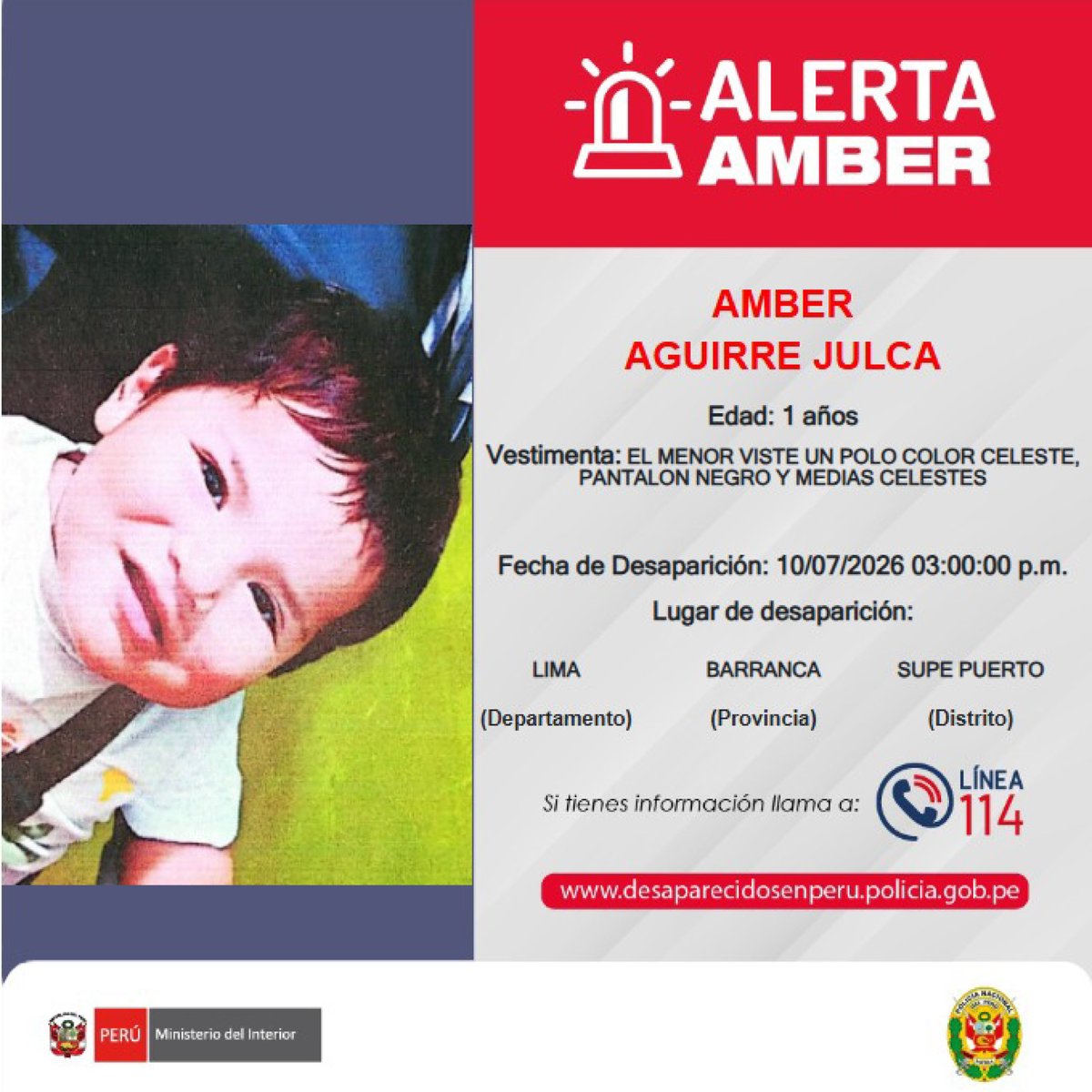 congresoperu's tweet photo. 🚨 #AlertaAmber | El Congreso de la República difunde la siguiente alerta AMBER, con el fin de apoyar en las acciones de búsqueda y ubicación de personas desaparecidas.

Si tienes información sobre el paradero de una persona desaparecida, comunícate con la Línea 114 de la @PoliciaPeru.

La atención es gratuita, confidencial y está disponible las 24 horas, los 365 días del año.