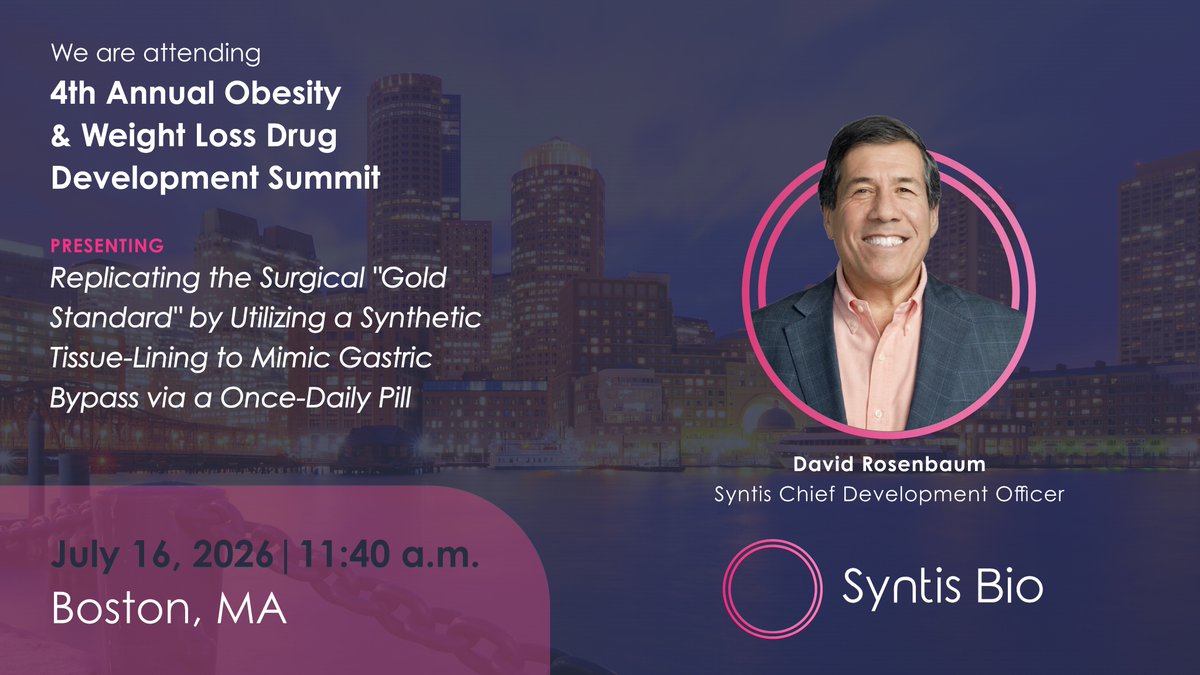 SyntisBio's tweet photo. We're heading to Boston for the 4th Annual Obesity &amp; Weight Loss Drug Development Summit. Our CDO, David Rosenbaum, will take the stage on July 16 to share how we are replicating the "gold standard" by mimicking gastric bypass through a once-daily pill. https://t.co/x3SlYCx8x4. https://t.co/wFhqD2vqDf