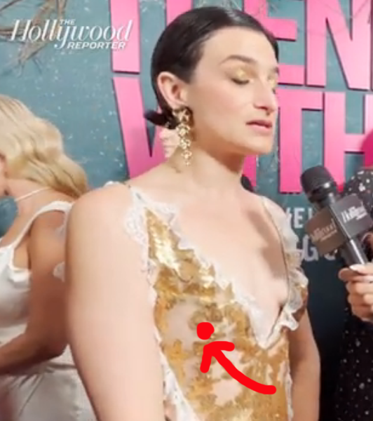 BlakeLivelyLies's tweet photo. Jenny Slate describes her love for Blake Lively with her nipples exposed. She's wearing a see-through outfit, but is offended at her outfits being called sexy. 

...meanwhile her favorite word is "horny". Google it.
https://t.co/ZM26KwU0DT https://t.co/nlzQ3aqwRm